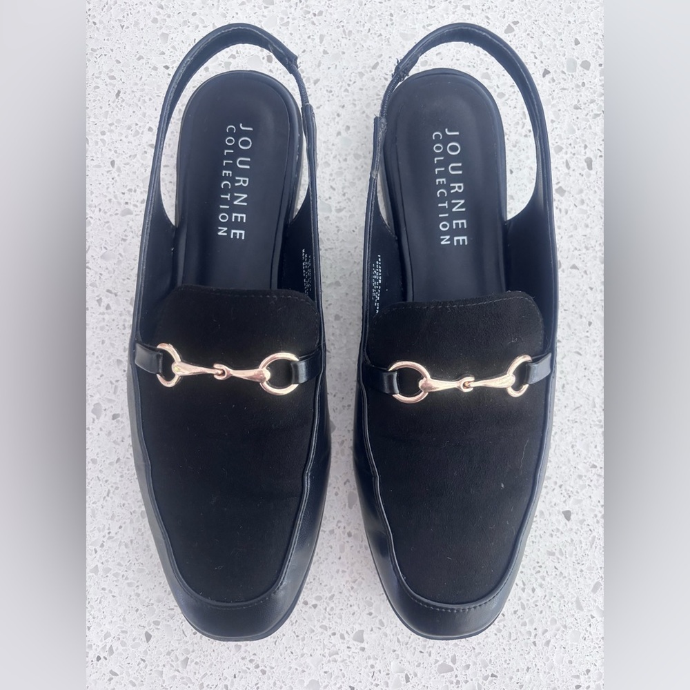 Size 9.5 Journee “Lainey” Black Slingback Loafers with Gold Horsebit